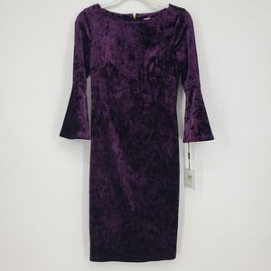 Calvin Klein Crushed Velvet Dress 4 Bell Sleeve Sheath Knee Length Purple NWT